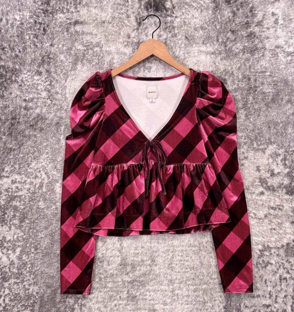 Anthropologie Top XS Womens Maeve Pink Check Plaid Puff Sleeve Baby Doll Velour